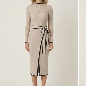 NWT Ribbed Knit Belted Midi Dress in Beige with Contrast Trim
